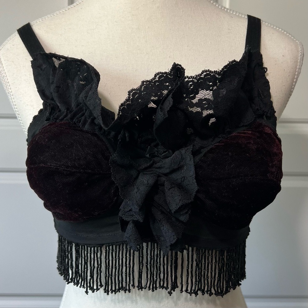 Black Velvet Lace Bustier Corset Bralette Beaded Fringe Goth Tantric Dance Small